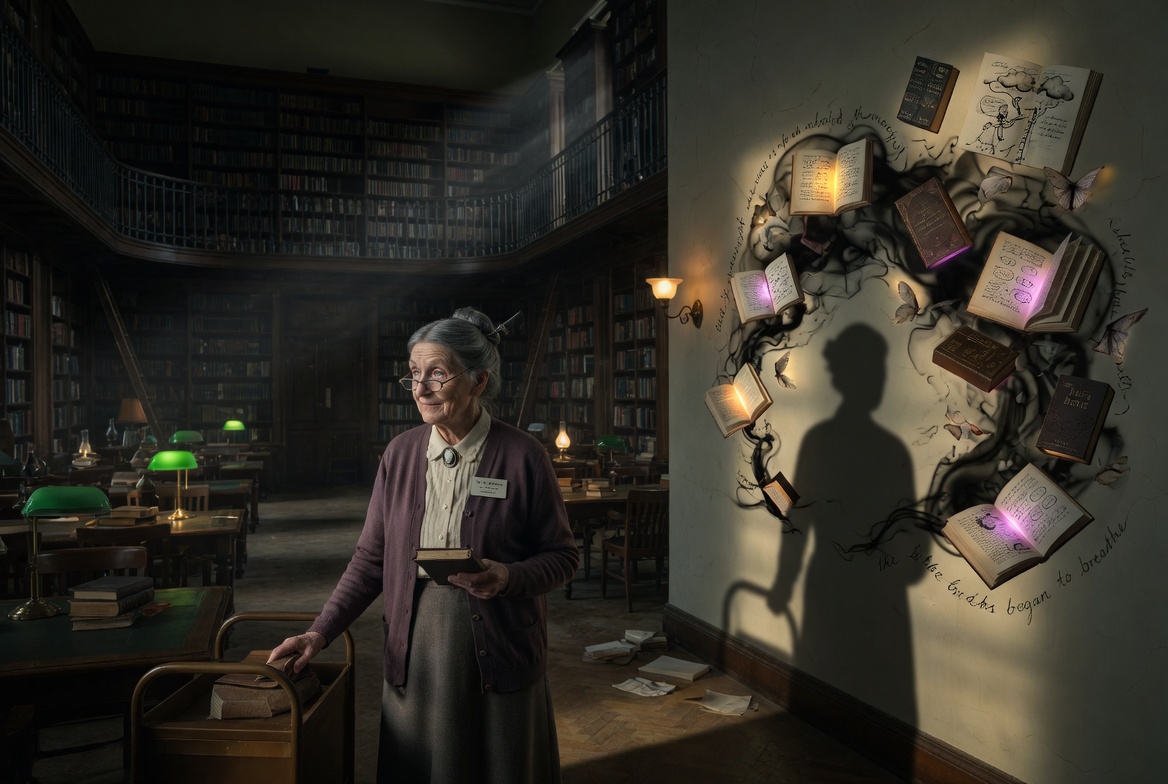 AI generated image: elderly librarian